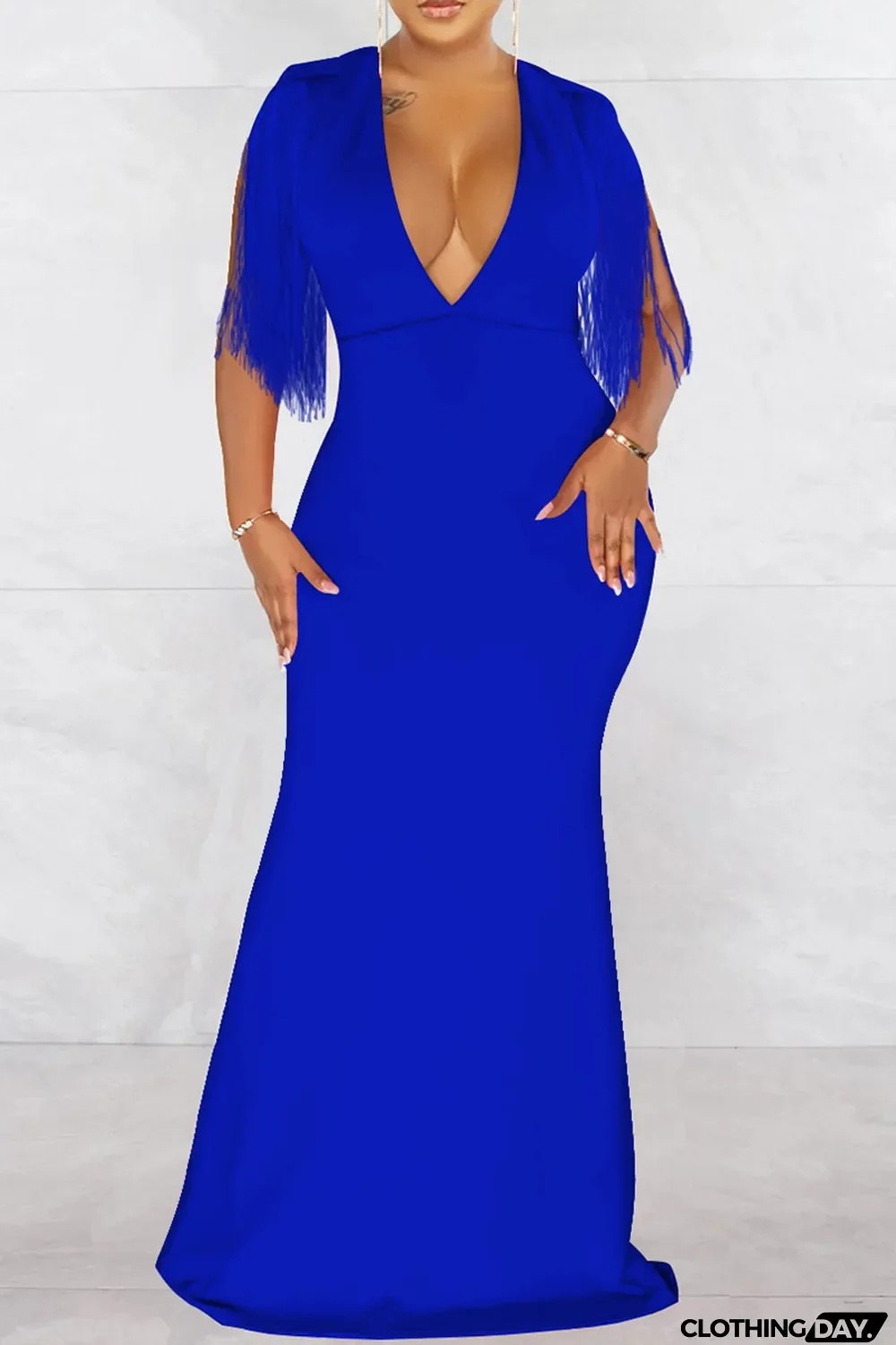 Black Fashion Sexy Solid Tassel Patchwork V Neck Long Dress