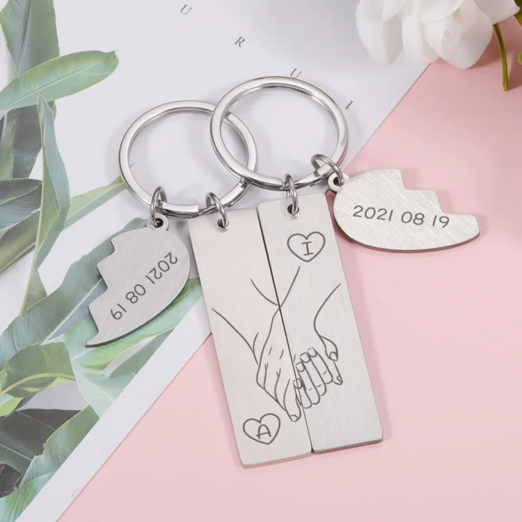 Hand in Hand Couple Keychain Set Personalized Date Initial Heart Matching Couple Gifts