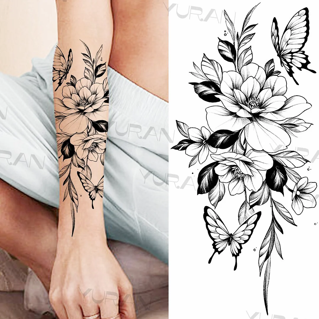 Sdrawing Rose Flower Temporary Tattoos For Women Realistic Snake Butterfly Flora Fake Tattoo Sticker Arm Body Waterproof Tatoos