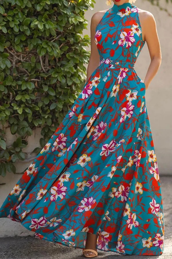Floral Print Bohemia Lace-Up Belted Maxi Dress