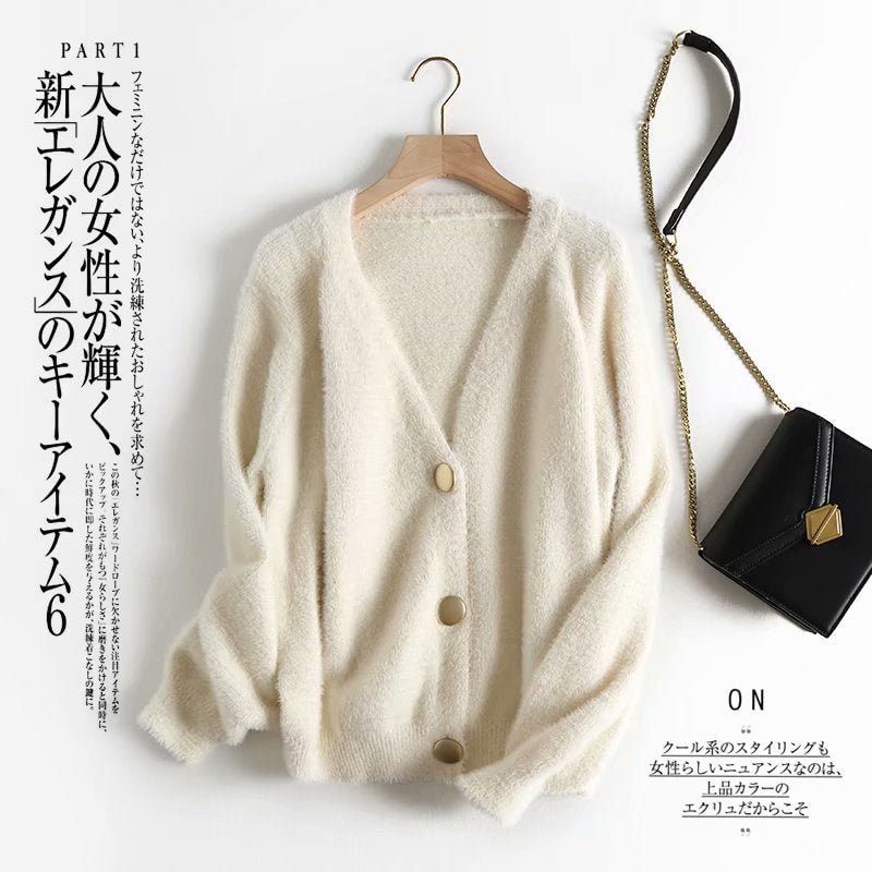 Imitated Mink Velvet Lazy Wind Cardigan Sweater Women Single-breasted V-neck Loose Buttons Simple Solid Color Sweater Female