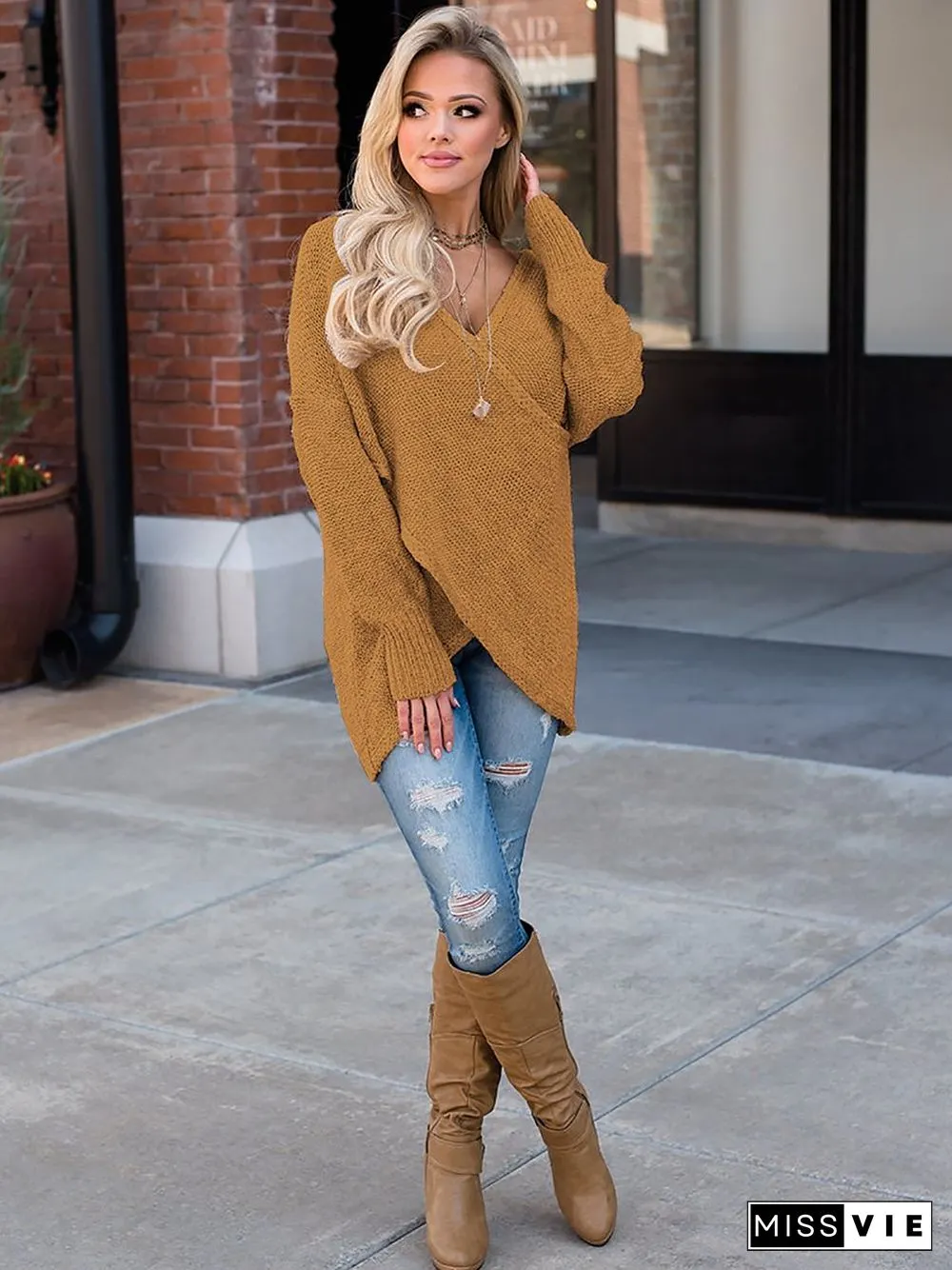 Deep V-Neck Wrap Knitted Sweater