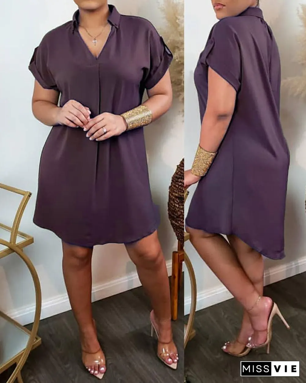 Plain Short Sleeve Casual Shirt Dress