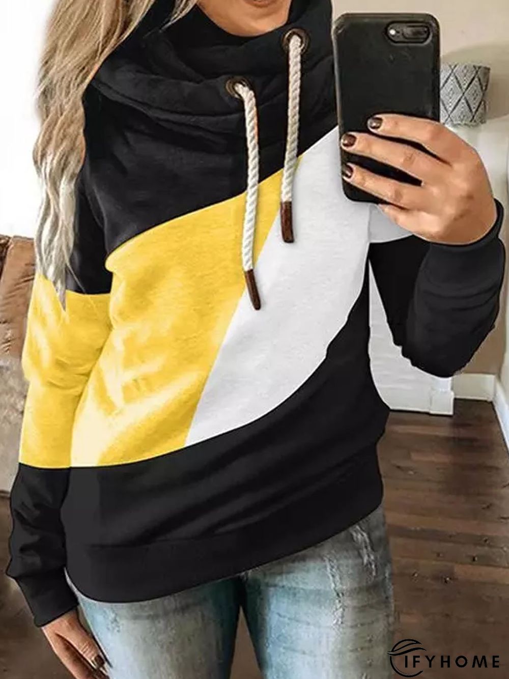 Patchwork Long Sleeve Color-Block Cotton-Blend Sweatshirt | IFYHOME