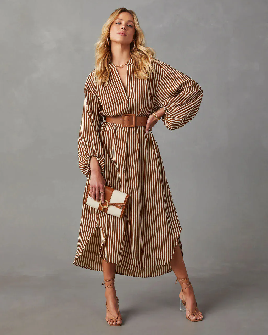 Women Striped Long Sleeve Midi Dress