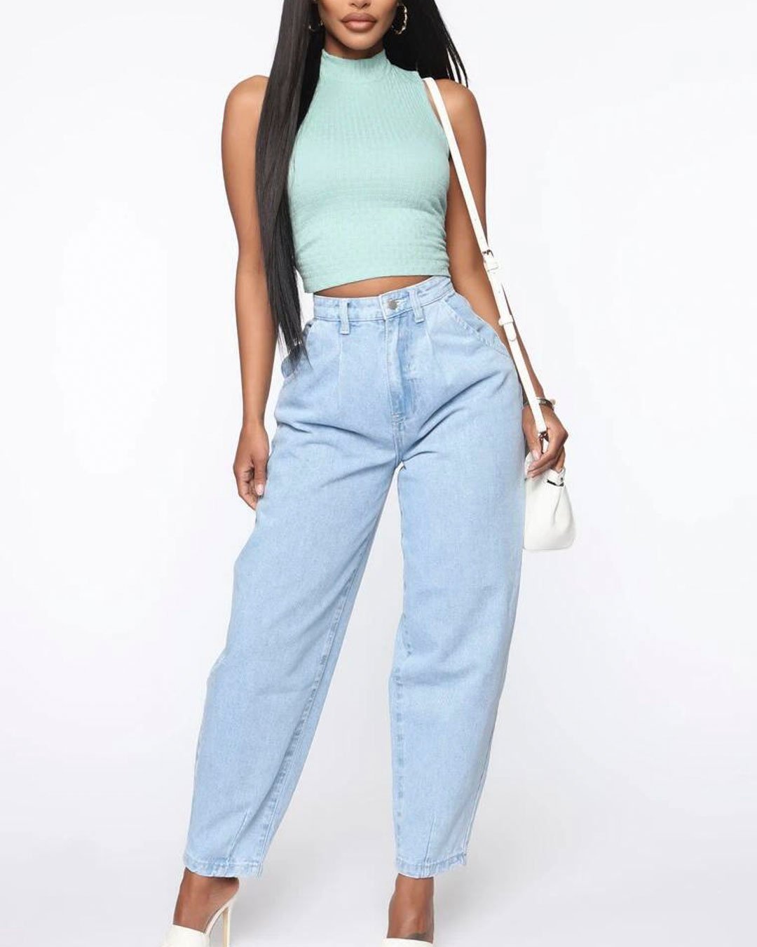 Fashionv-Solid Color Casual Stretch Mid Waist Loose Women's Jeans