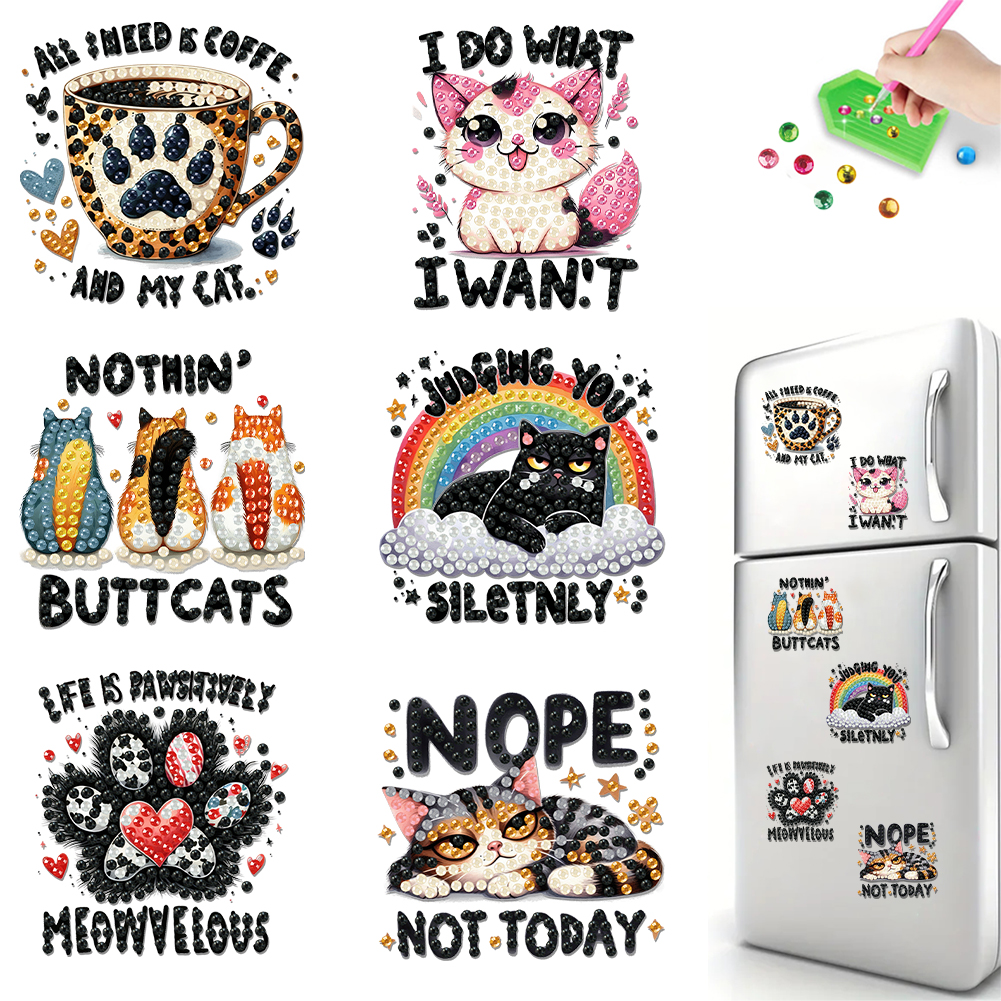 6Pcs Acrylic Cats Diamond Painting Fridge Stickers for Fridge Whiteboards