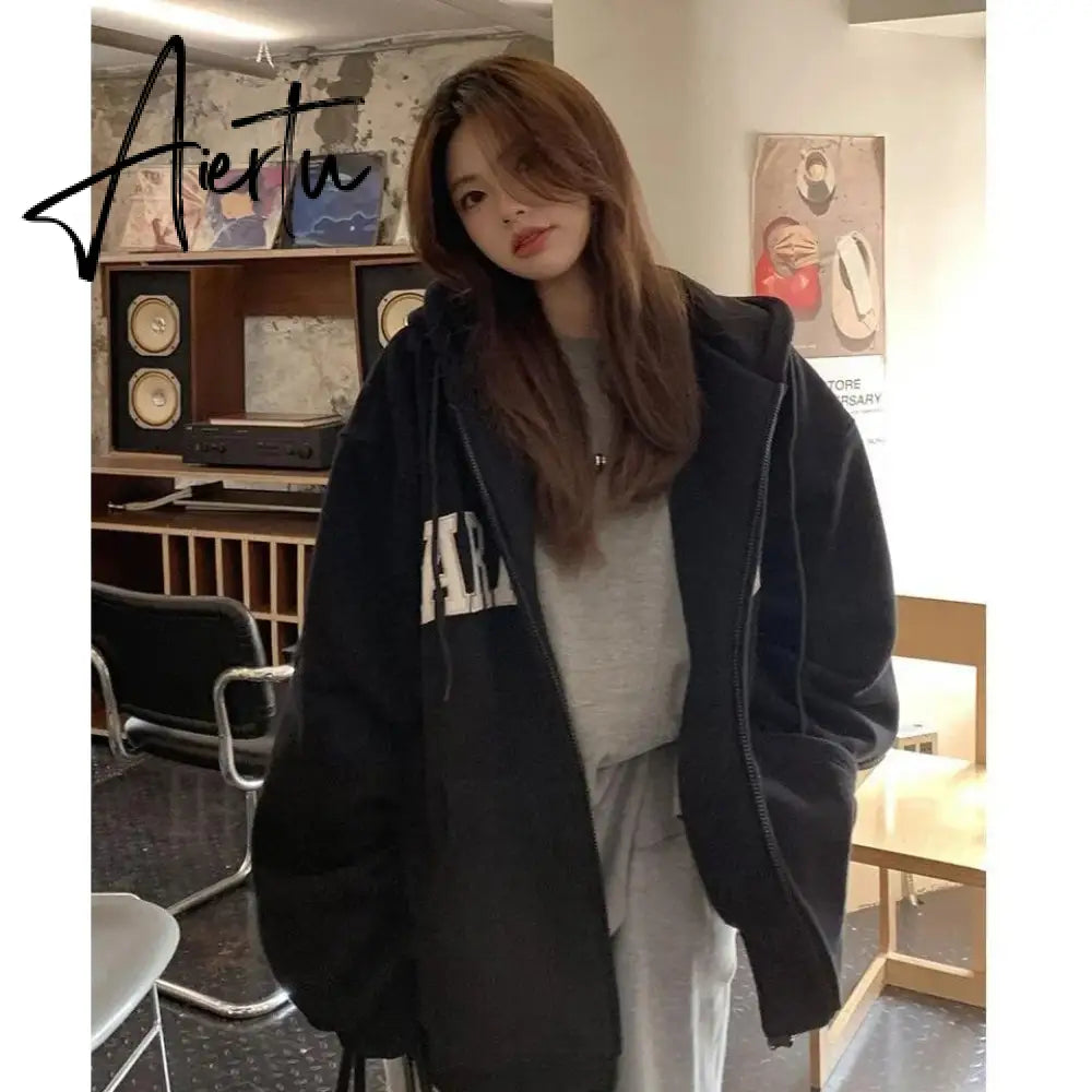 Deeptown Hip Hop Zip Up Hoodies Women Harajuku Vintage Oversized Sweatshirts Loose Casual All-match Fleece Tops Korean Fashion Aiertu