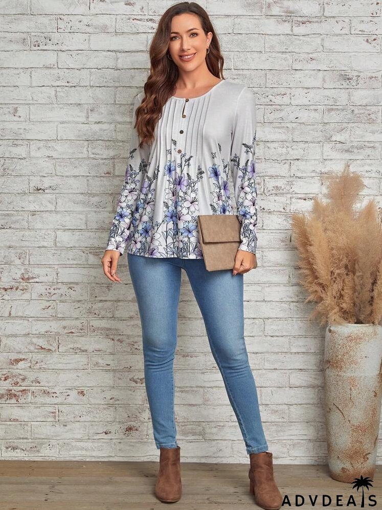 Floral Print Button Front Tee