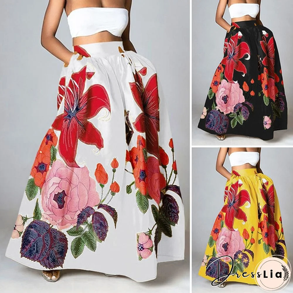Women Floral Print Maxi Swing Skirt Dress Elastic High Waist Loose Casual Party Skirt Plus Size