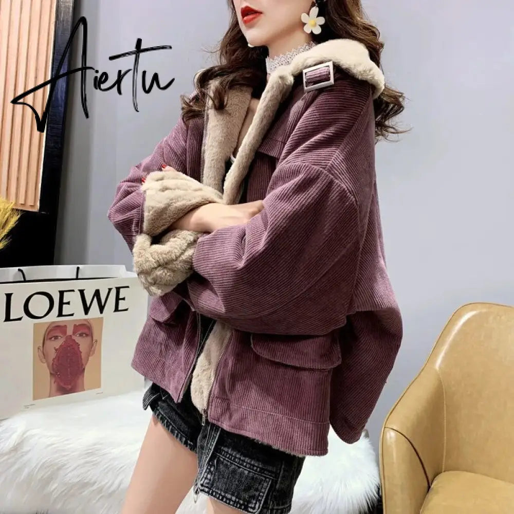 Women's Fleece Lining Zipper Lambswool Cotton Coat Autumn Winter Jacket Women Corduroy Parkas Loose Thicken Warm Short Coat Aiertu