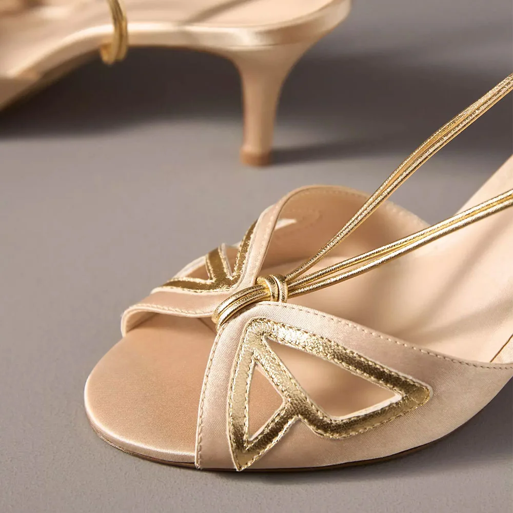 Nude & Gold Peep Toe Kitten Heel Women Sandals with Metallic Butterfly