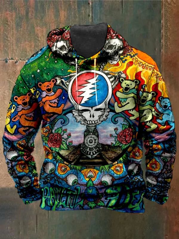 vintage skull bear graphic all over print hoodie