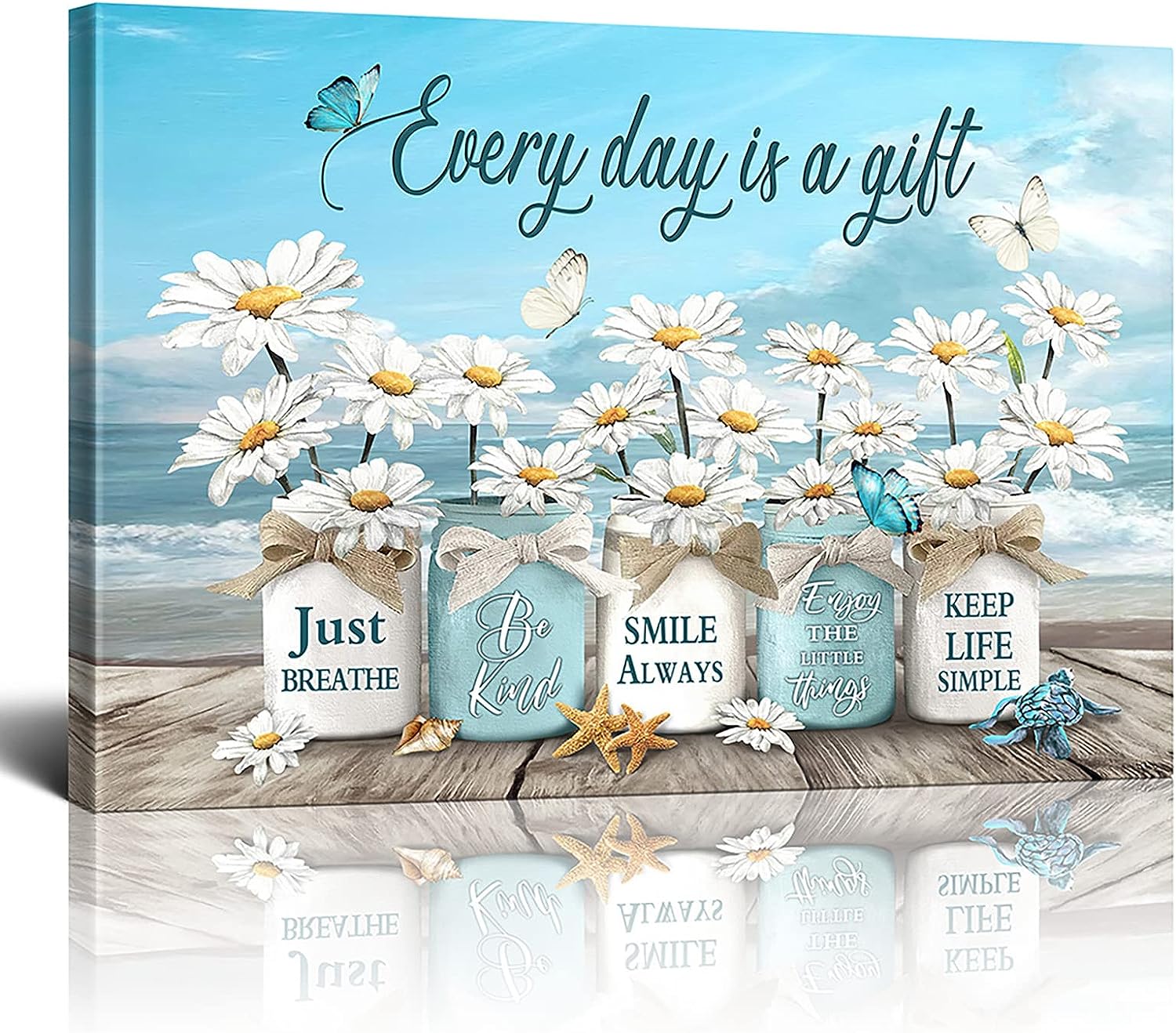 Floral Wall Art Daisy Butterfly Canvas Vintage Wall Art Beach Picture For Bathroom Bedroom Living Room Office Wall Decor Framed Home Decorations Ready To Hang 12x16 Inch Daisy Butterfly