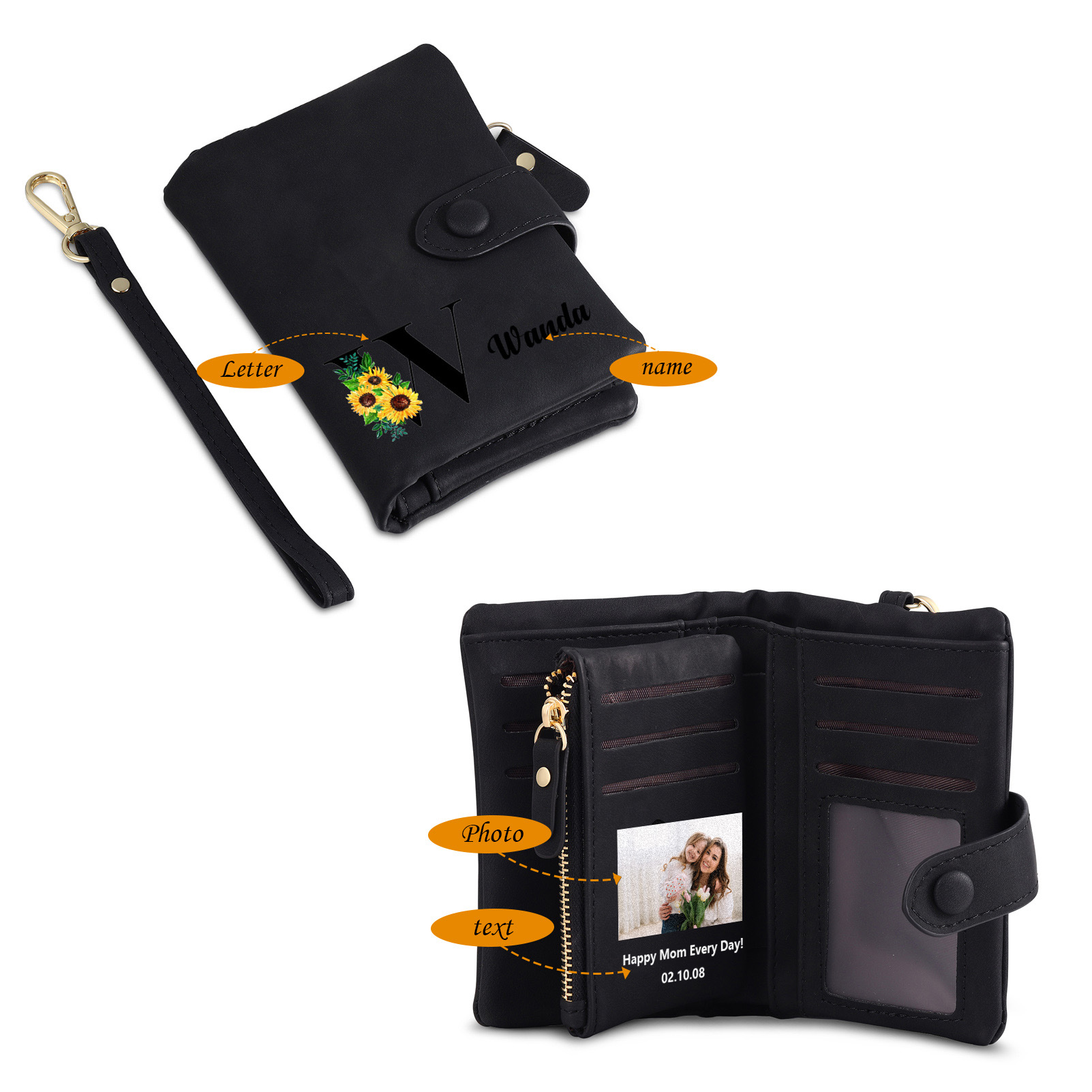 Portafoglio in PU pelle girasole con 1 letetra & 1 testo & 1 nome & 1 foto personalizzati per mamma/nonna