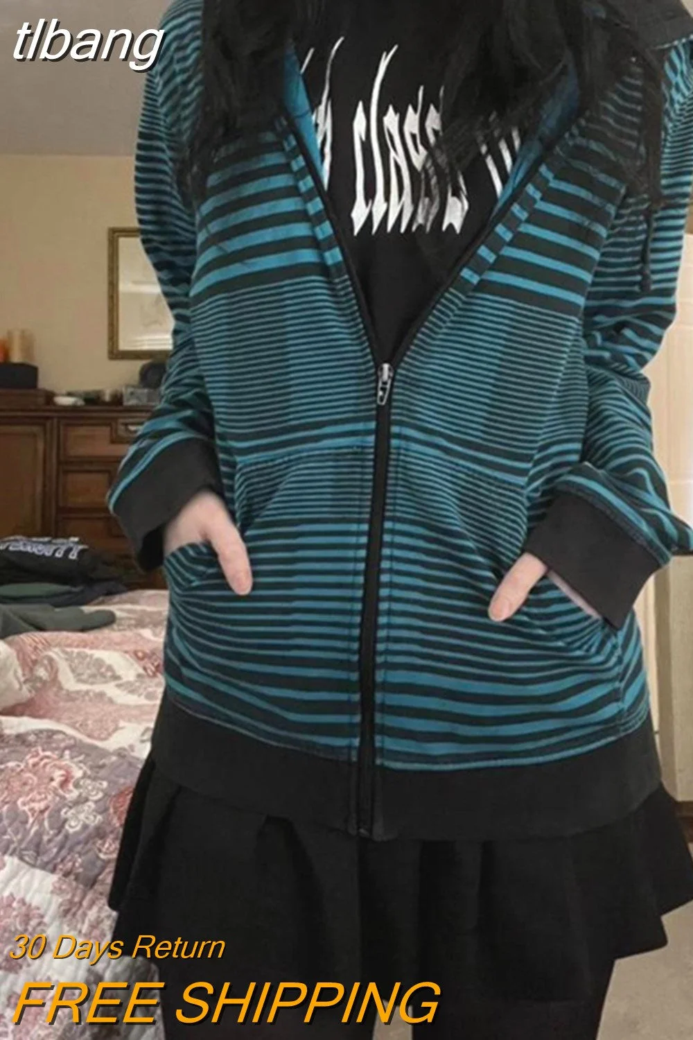 tlbang Vintage Stripe Print Sweatshirt y2k 2000s Aesthetic Women Zip Up Long Sleeve Tops Gothic Hoodie with Pockets Streetwear