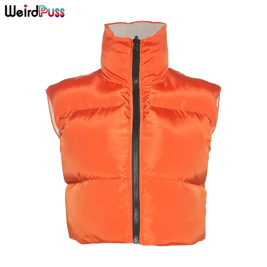 Weird Puss Puffer Bubble Jacket Vest Women Padded Thick Zipper Coat Tank Top Turtleneck Winter Warm Short Tops Casual Streetwear