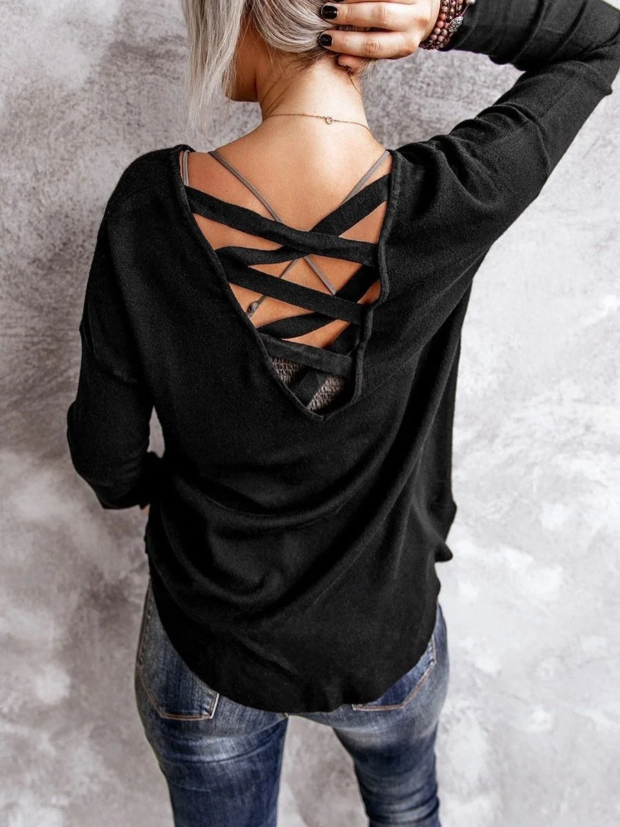 Women's Long Sleeve V-neck Hollow Top