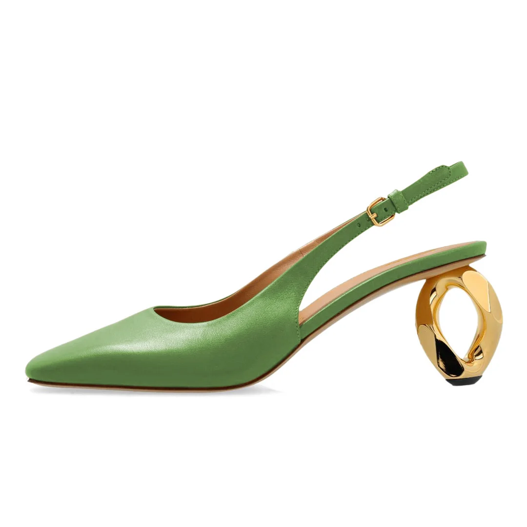 YDN Simple Green Square Toe Sculptural Heel Slingback Pumps