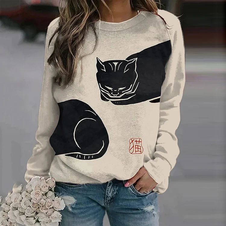 Women's Funny Black Cat Printed Japanese Lino Art Painting Sweatshirt