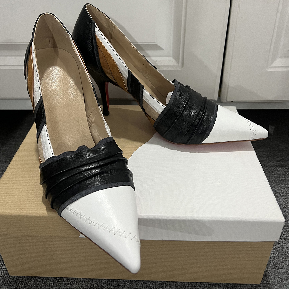 100mm Women's Pointed stilettos Splicing High Heels Red Bottom Shoes Genuine Leather -MERUMOTE