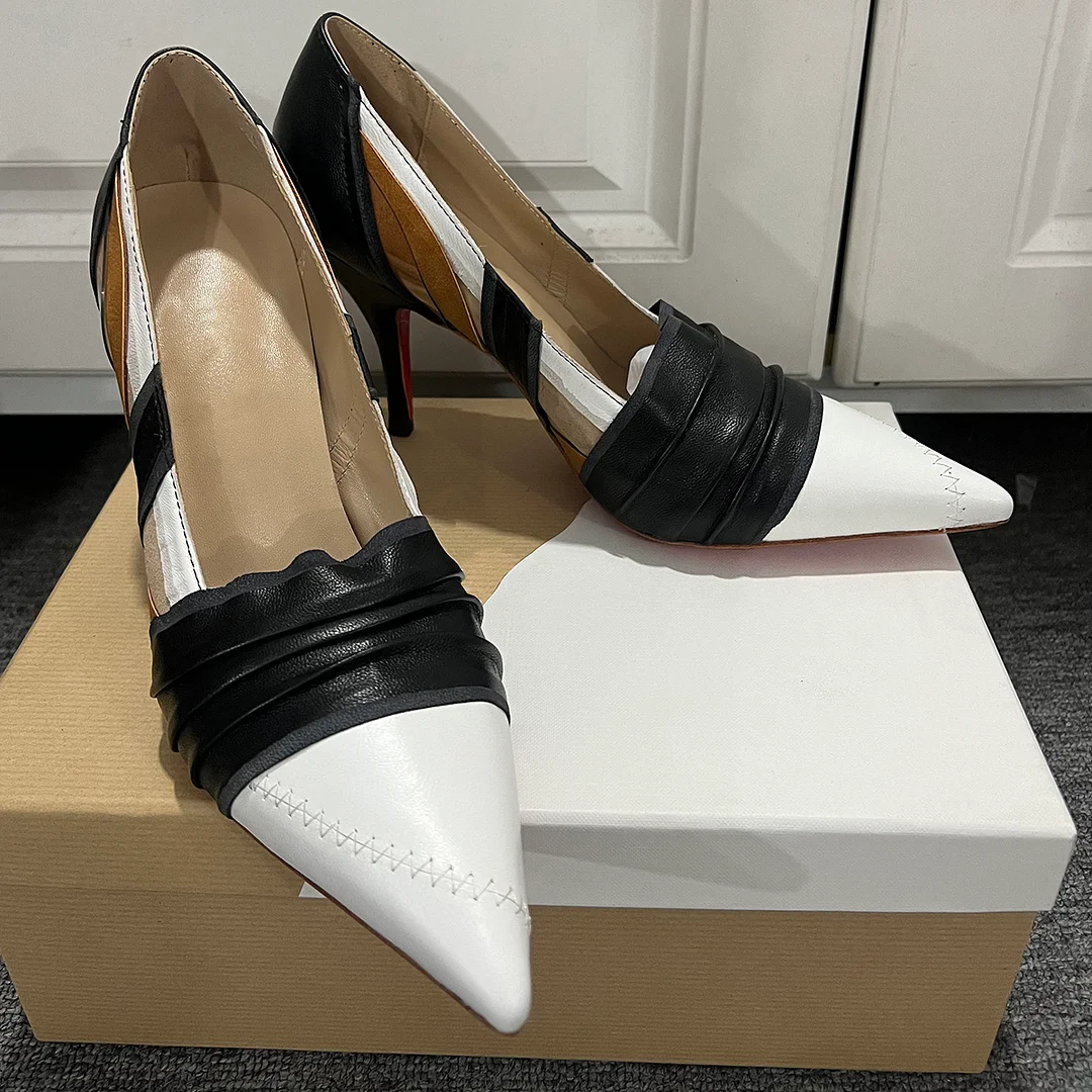100mm Women's Pointed stilettos Splicing High Heels Red Bottom Shoes Genuine Leather -MERUMOTE