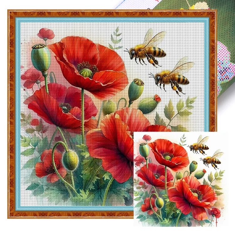 【Mona Lisa Brand-Cotton】Poppies And Bees (40*40cm) 11CT Stamped Cross Stitch gbfke