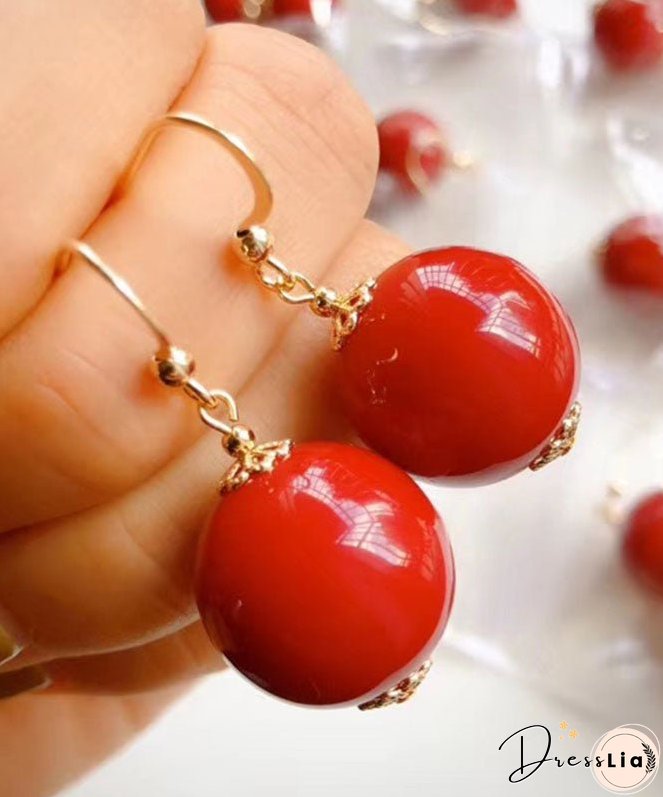 Stylish Red 14K Gold Agate Ball Drop Earrings