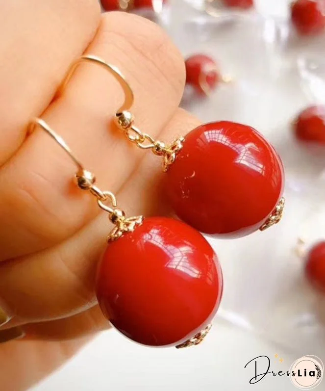 Stylish Red 14K Gold Agate Ball Drop Earrings