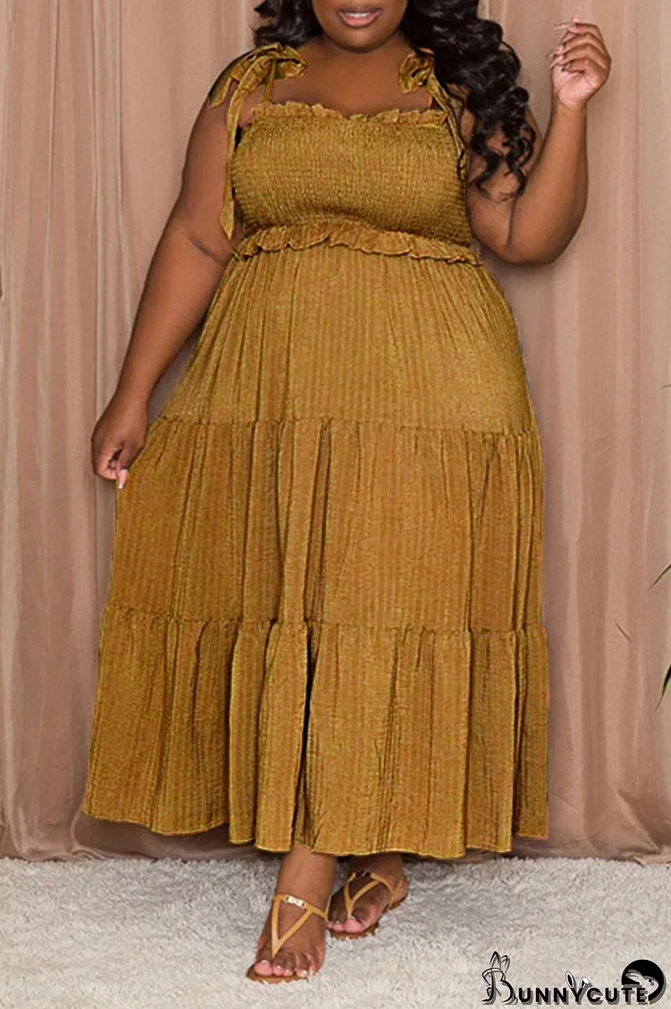 Yellow Casual Sweet Solid Bandage Patchwork Fold Spaghetti Strap Sling Dress Plus Size Dresses