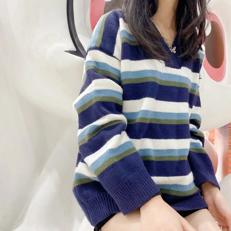 Autumn Chic Stylish Ladies Pullovers Soft Knitted Ins Harajuku Jumper V-Neck Knitted Sweaters Women Loose Striped Tops