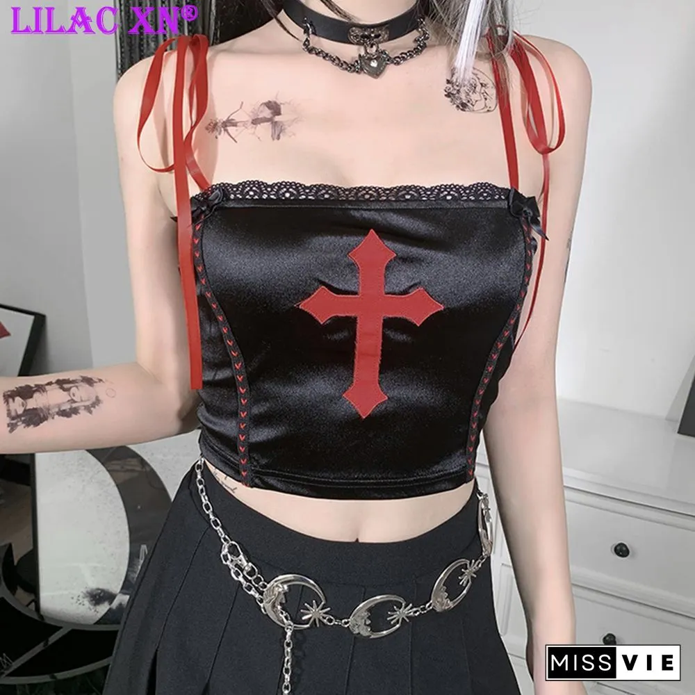 Goth Cross Print Lace Bodycon Crop Tops Camis Sexy Y2K Aesthetic Black Red Basic Corset Tank Top Summer Clothes For Women Girls