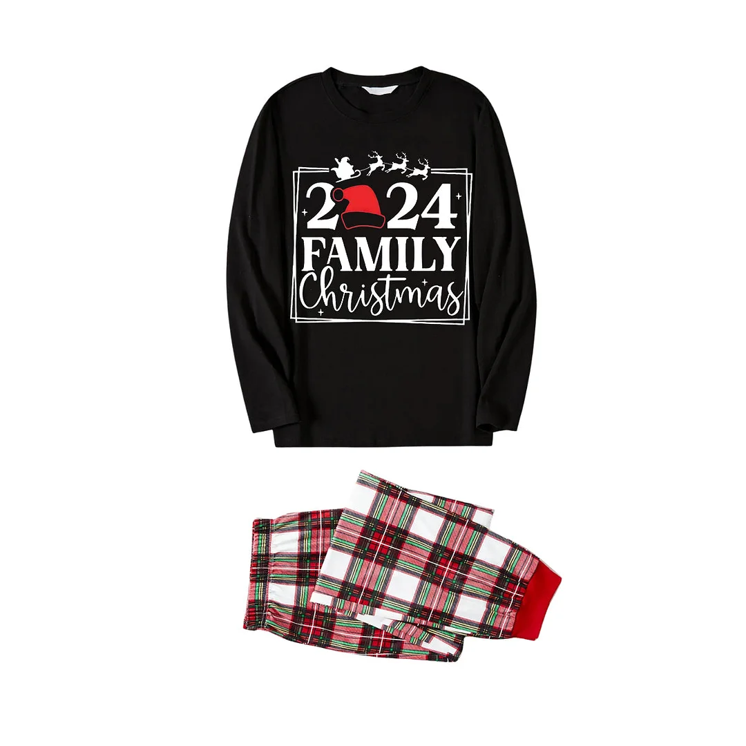 "Family Christmas 2024" Text and Reindeer Printed Red and White Plaid Family Matching Pajamas