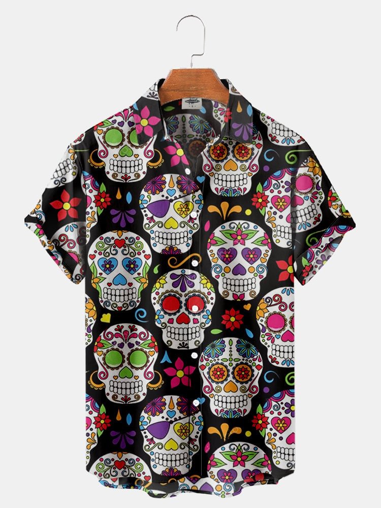 Men's Floral Sugar Skull Print Short Sleeve Shirt