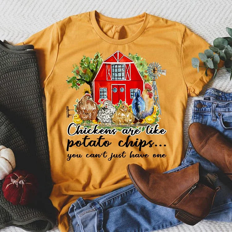 Chickens Are Like Potato Chips Round Neck T-shirt-0024980