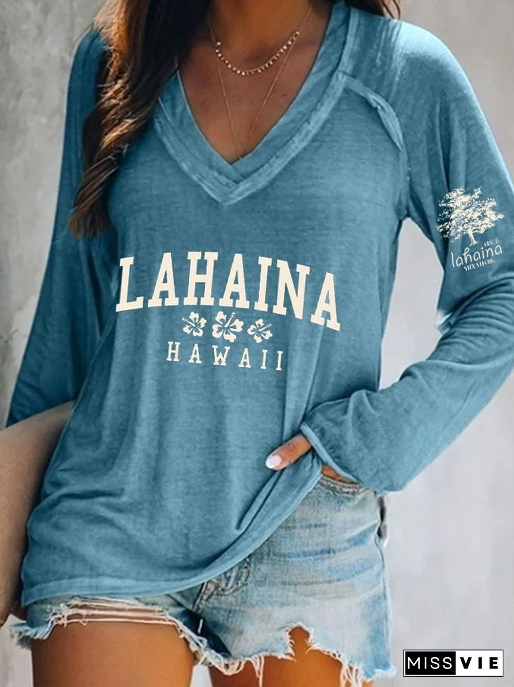 Women's Lahaina Strong Hawaii Tree of Life Aug 8 Hibiscus Print V-Neck Top