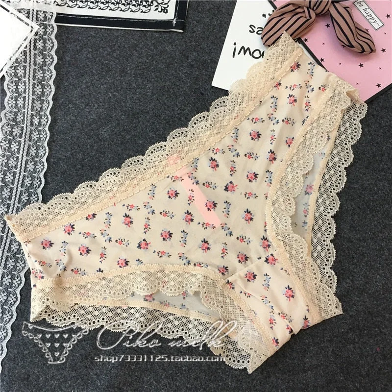 European Style Sexy Underwear Women's Ice Silk Printing Panties Fashion Lace Briefs Ladies Low Waist Underpants Female Lingerie