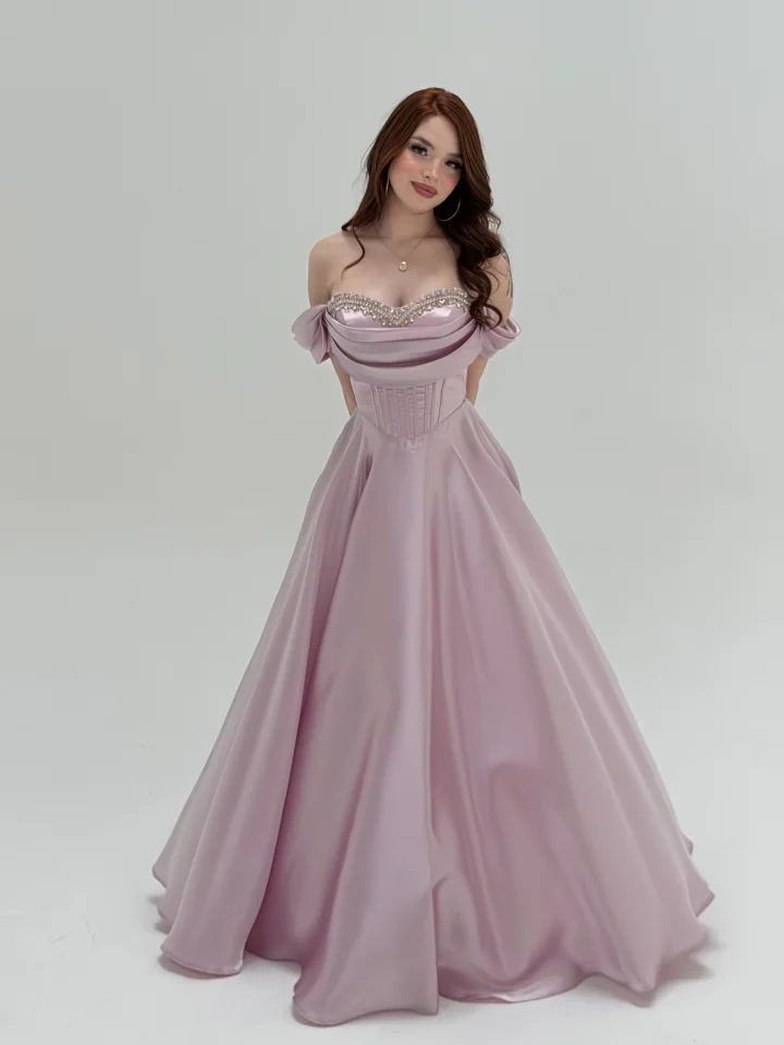 Lussooy Off-The-Shoulder Elegant Beadings A-Line Pletaed Evening Dress