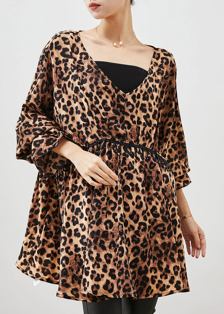 Leopard Print Chiffon Shirt Tops Tasseled Exra Large Hem Spring