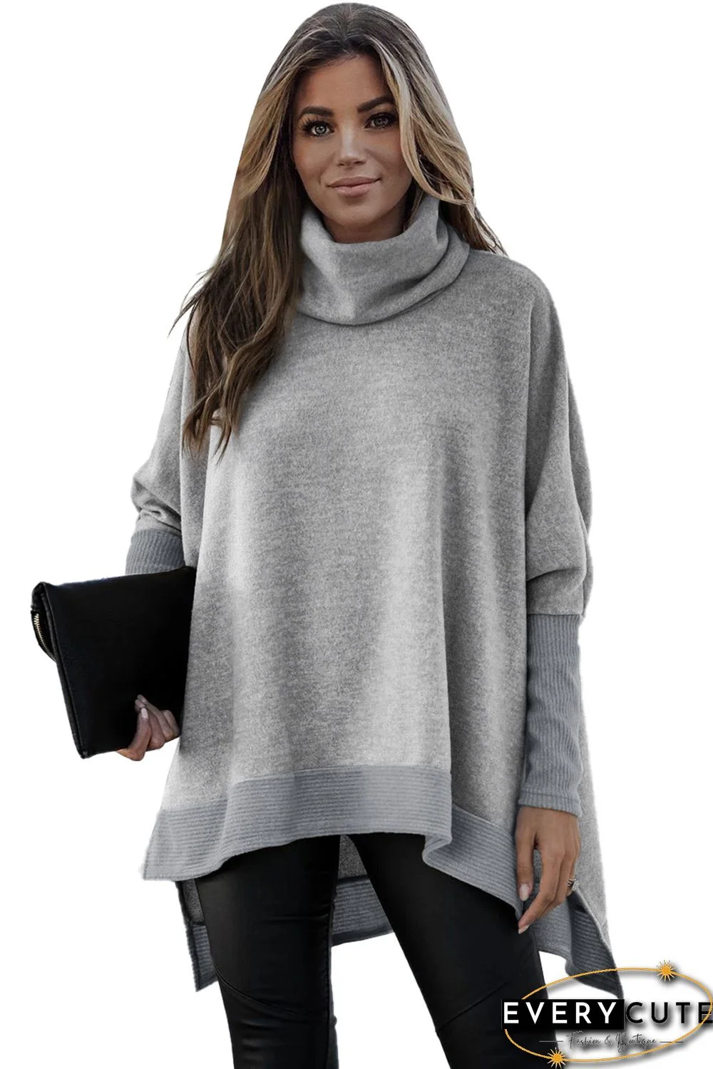 Gray Turtleneck Bat Sleeve Side Slit Tunic Top