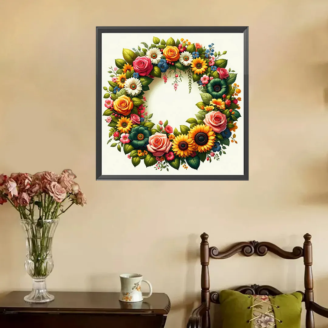 Sunflower Rose Wreath Full DIY 5D Square Drill Gem Art Diamond Painting Kits for Adults/Beginners Gift Idea Home Decor Diamond Dots Paintings Picture Arts Craft Crystal Art Paint by Diamond 35x35cm