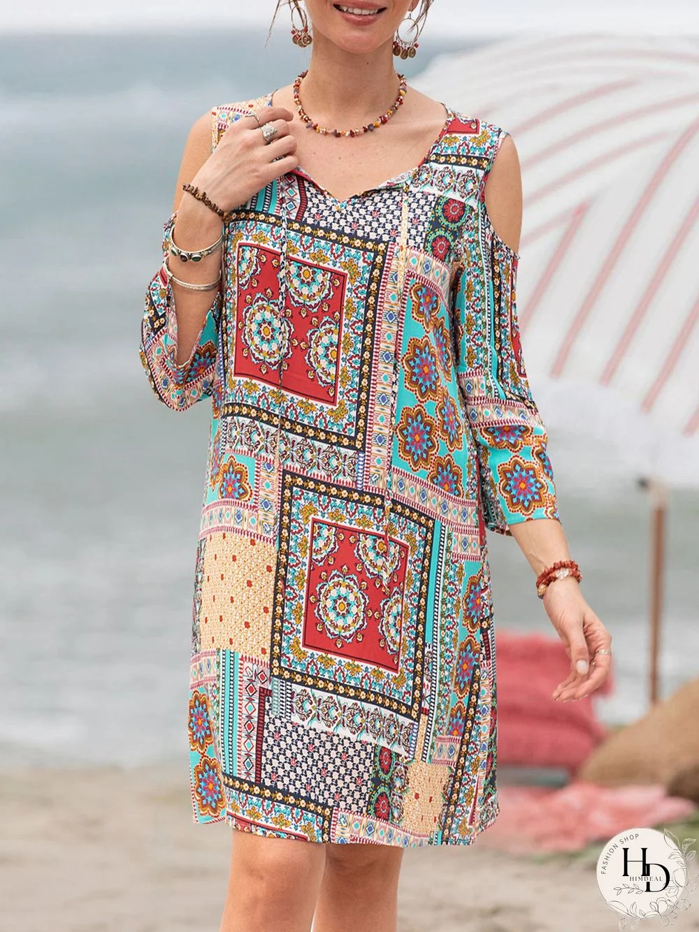 Women Tribal Cold Shoulder Casual Weaving Dress