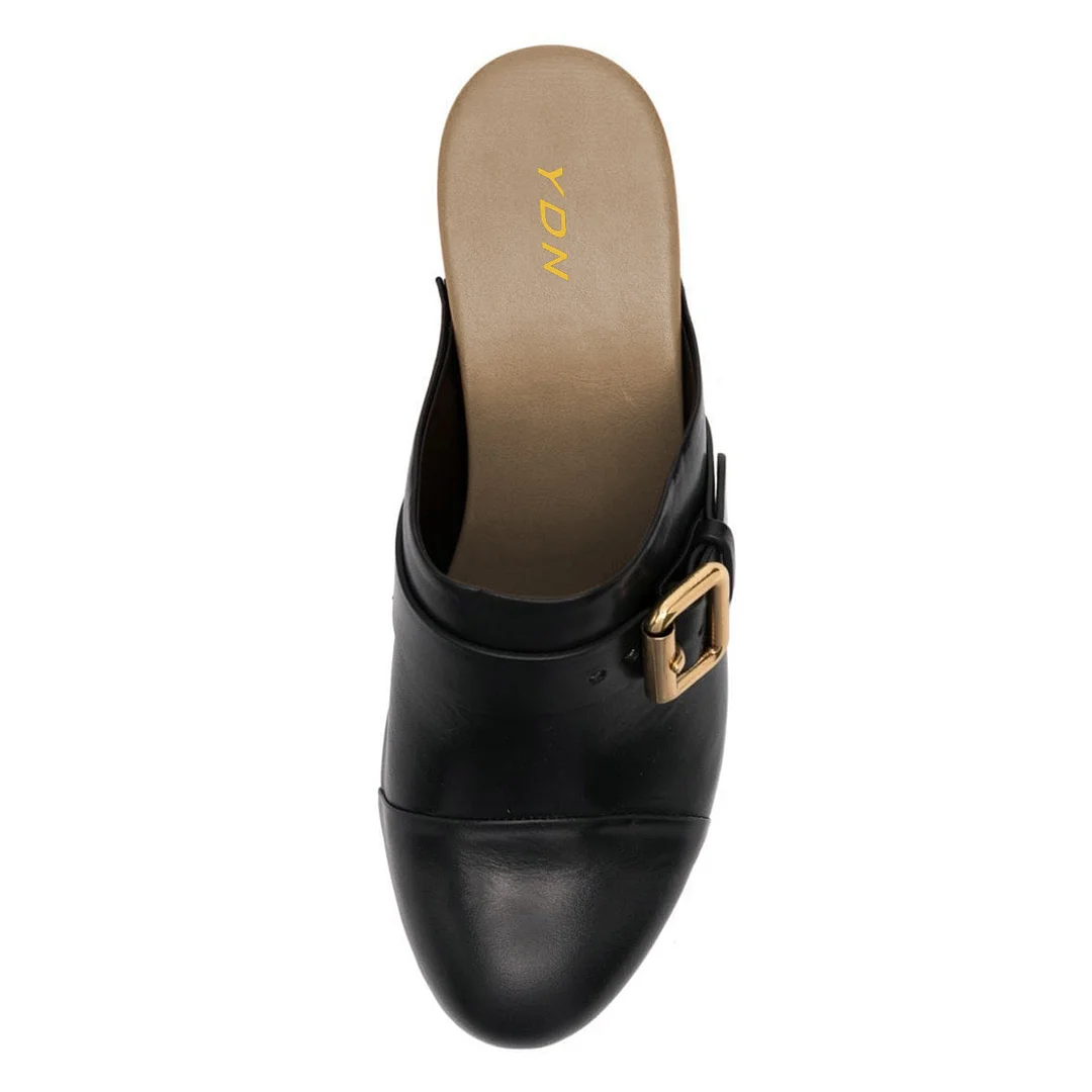 Black Buckle Strap Round Toe Block Heel Platform Mules with Studs