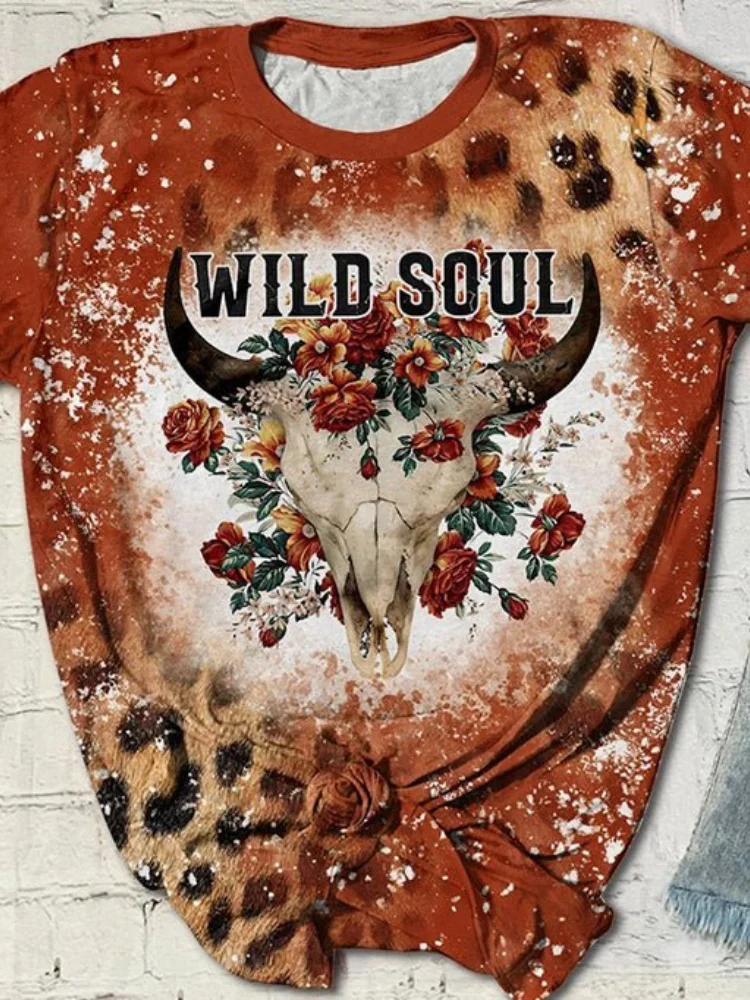 Vefave Wild Soul Bull Skull Flowers Leopard Print T Shirt
