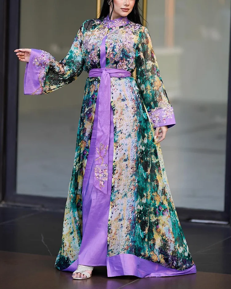 Women's Long Sleeve Tie-Dye Print Sequin Dress