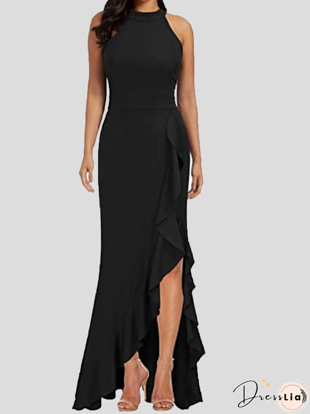 Turtleneck Sleeveless Ruffle Slit Dress