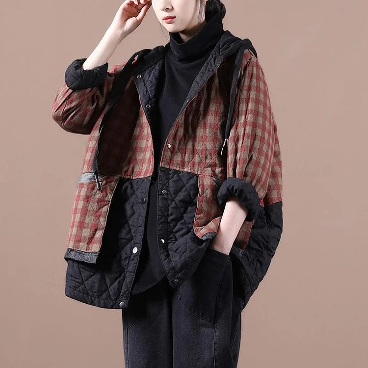 Spring Plus Size Plaid Warm Hoodie Coat