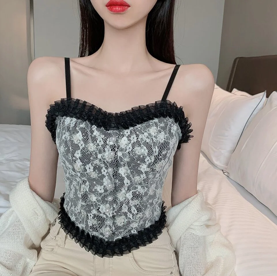 Billionm Women Pearl Sexy Vintage Corset Lace Crop Tops Bralette Cute Camis Vest Spaghetti Straps Elegant French Tank Top Party Clubwear