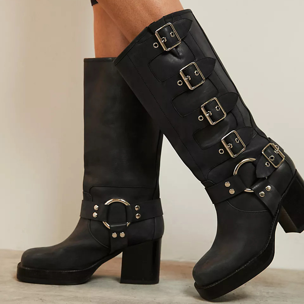 Black Vegan Leather Closed Toe Chunky Heel Platform Mid Calf Boots Nicepairs