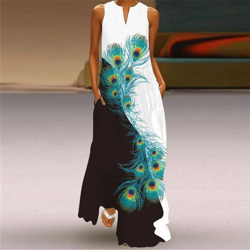 Bohemian Printed Sleeveless Maxi Dress Women Casual V-neck Robe Dresses Female Plus Size Beach Holiday Dress